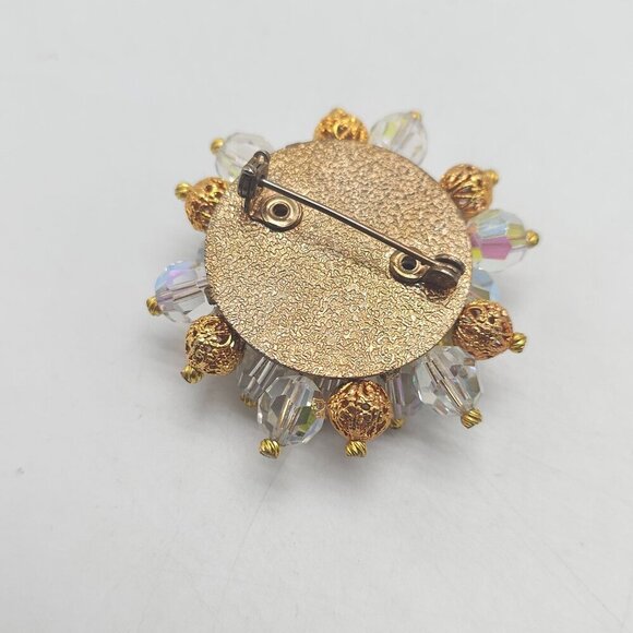 Vintage Gold Tone Filigree Bead AB Glass Crystal Bead Floral Brooch Pin - Picture 3 of 4